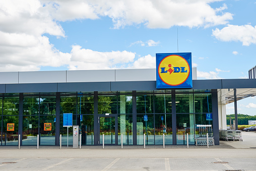 Closed LIDL supermarket in Poland. Katy Wroclawskie, Poland - August 10, 2021