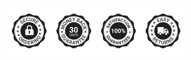 ilustrações de stock, clip art, desenhos animados e ícones de money back guarantee, free shipping trust badges ,trust badges, satisfaction guarantee 100% logo, money back guarantee, customer service, vector logo - in gold we trust