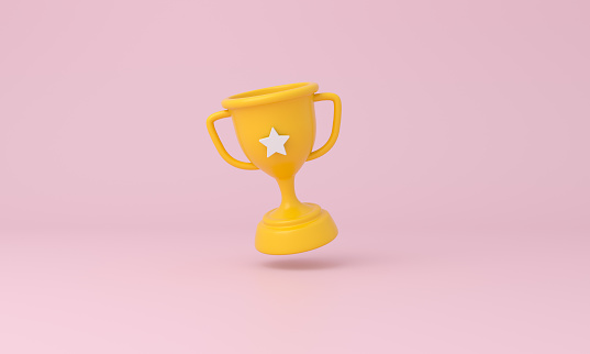 Trophy cup with a star on pink background. 3d rendering.
