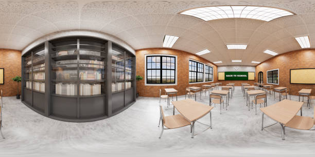 New normal classroom and spacing of tables and chairs to prevent the spread of coronavirus (COVID-19). IEmpty classroom for teach and learn. 3d rendering Interior. New normal classroom and spacing of tables and chairs to prevent the spread of coronavirus (COVID-19). IEmpty classroom for teach and learn. 3d rendering Interior. classroom empty education desk stock pictures, royalty-free photos & images