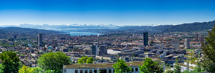 View of Zurich and Lake Zurich, the Alps, Switzerland, Europe