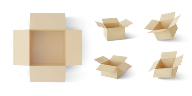 istock Set of realistic cardboard brown delivery boxes with shadow or postal parcel packaging isolated on white background. Open box. Vector illustration 1338391195