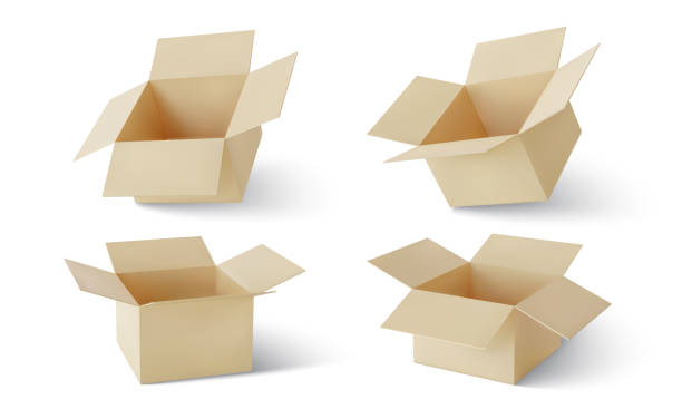 istock Set of realistic cardboard brown delivery boxes with shadow isolated on white background.  Open box. Vector illustration 1338391199