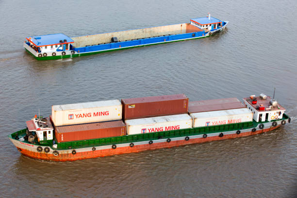 transbordement de conteneurs nommé tan cang 16 sur la rivière sai gon - named logistics company photos et images de collection
