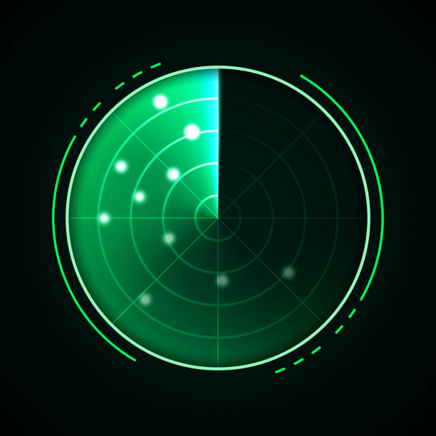 istock Green radar isolated on dark background. Military search system. HUD radar display. Vector illustration 1338392596