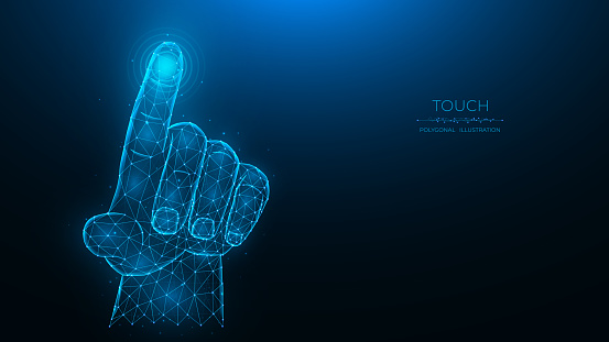 Touch the future concept. Polygonal vector illustration of a hand pressing something on a dark blue background
