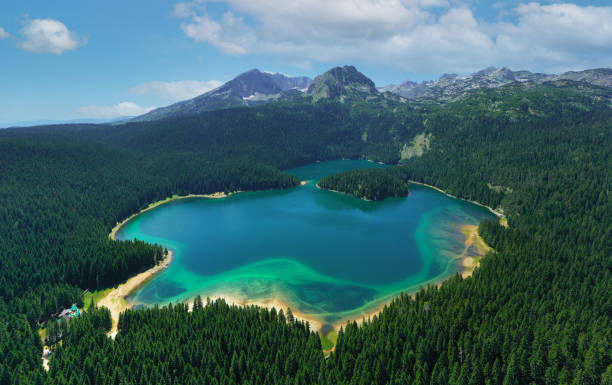 Black Lake in Durmitor National Park in Montenegro, aerial view stock photo