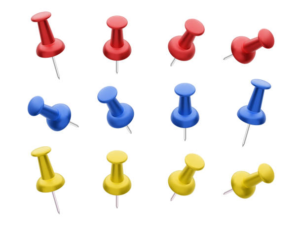 istock Collection of various red, yellow and blue push pins isolated on white background. Set of thumbtacks. Top view. Close up. Vector illustration. 1338393724
