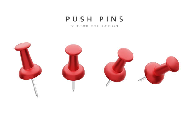 istock Collection of various red push pins isolated on white background. Set of thumbtacks. Top view. Close up. Vector illustration. 1338393732
