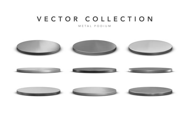 istock Set of realistic silver metal stage podium with shadow isolated on white background. Round winner pedestal. 3d empty platform. Vector illiustration 1338393991