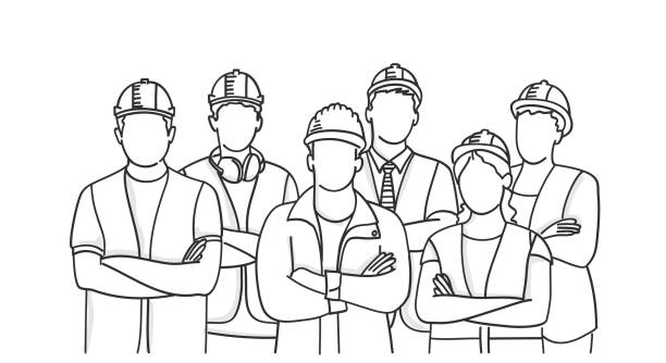 Builder group wearing helmets with arms crossed. Builder group wearing helmets with arms crossed. Great teamwork concept. Hand drawn vector illustration. Black and white. engineer illustrations stock illustrations
