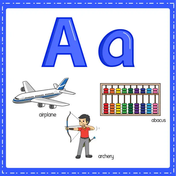 Vector illustration of Vector illustration for learning the letter A in both lowercase and uppercase for children with 3 cartoon images.Airplane Archery Abacus.