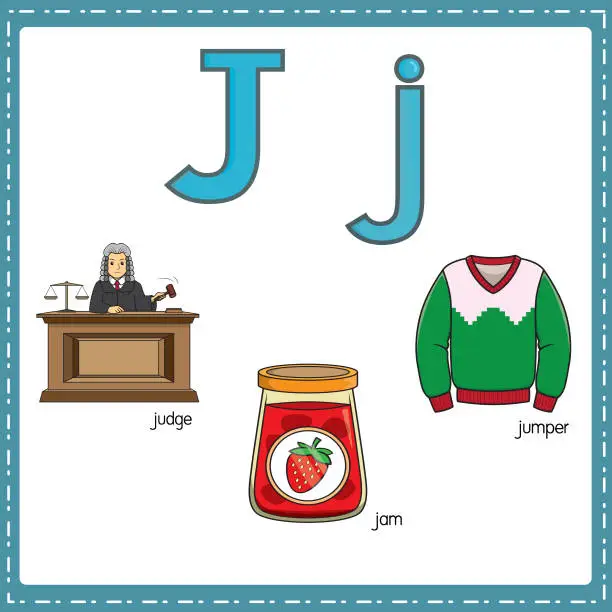 Vector illustration of Vector illustration for learning the letter J in both lowercase and uppercase for children with 3 cartoon images. Judge Jam Jumper.