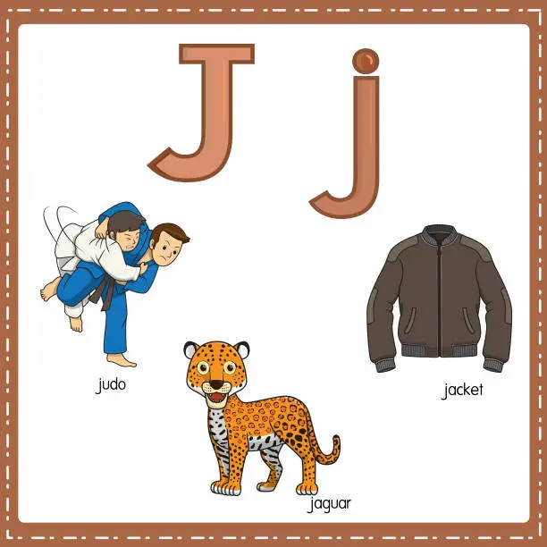 Vector illustration of Vector illustration for learning the letter J in both lowercase and uppercase for children with 3 cartoon images. judo jaguar jacket.