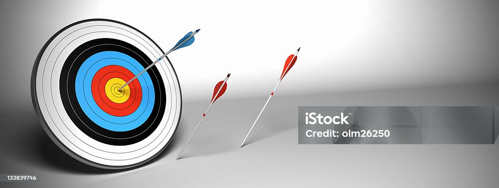coaching Target and arrow over a gray background horizontal banner. the blue arrow hit the center of the target and the red ones failed to reach their goal Sports Target Stock Photo