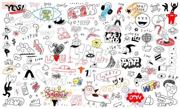 city life hand drawn doodles city, doodle, design , sign , vector teenager doodle stock illustrations