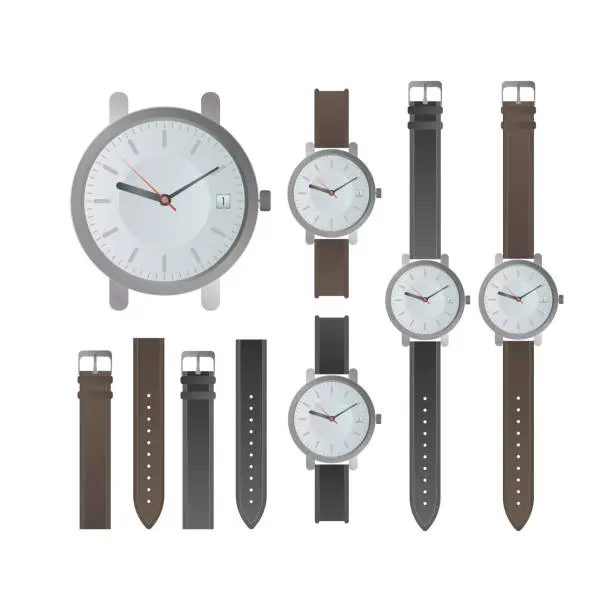 Vector illustration of Set of classic men's watches. Wristwatch with a leather strap. Isolated. Realistic vector