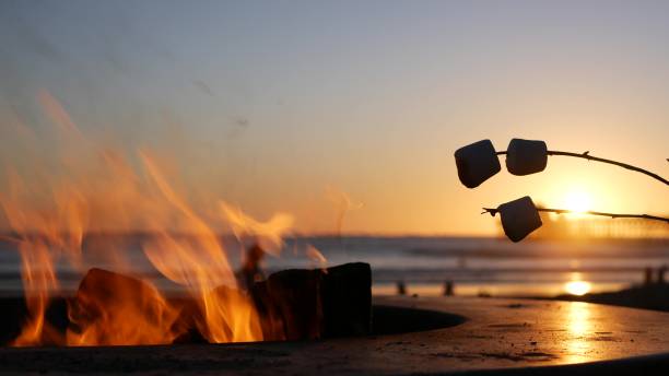 Campfire pit in California USA. Camp fire on ocean sea beach, roasting toast marshmallow on bonfire. Campfire pit by Oceanside pier, California USA. Camp fire on ocean beach, bonfire flame in cement ring place for bbq, sea water waves. Heating, roast or toast marshmallow on stick. Romantic sunset sky Bonfire stock pictures, royalty-free photos & images