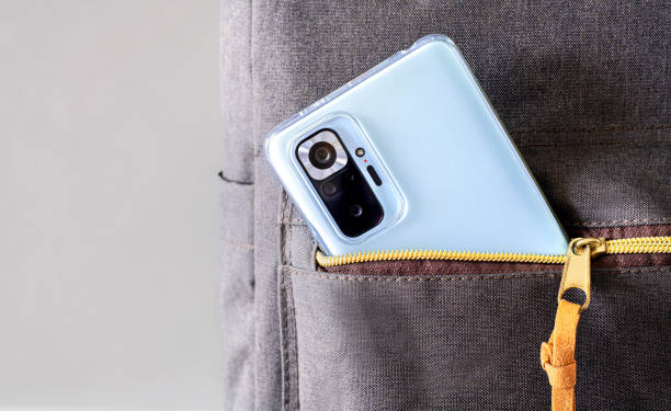 istock smart phone with digital  camera lens for photograpy during travel in classic backpack for travel flight on vacation and traveling backpacker tourist with copy space 1338400151