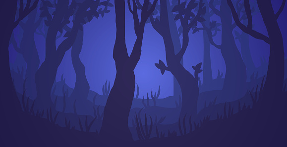 Dark Foggy Forest Vector Illustration Spooky Trees At Night Scary Woody  Landscape Stock Illustration - Download Image Now - iStock