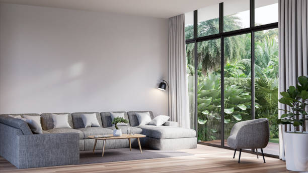istock Modern living room with tropical style garden view 3d render 1338401710