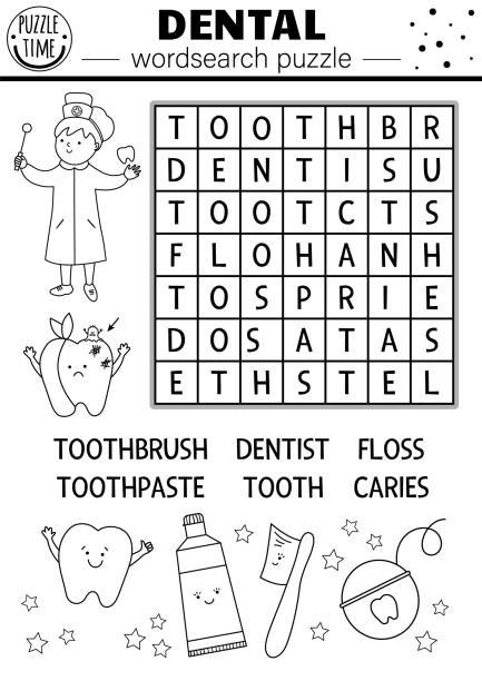 Vector black and white dental wordsearch puzzle for kids. Simple tooth care crossword with dentist, floss, toothbrush, toothpaste. Educational mouth hygiene keyword activity Vector black and white dental wordsearch puzzle for kids. Simple tooth care crossword with dentist, floss, toothbrush, toothpaste. Educational mouth hygiene keyword activity crossword puzzle drawing stock illustrations