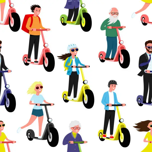 Vector illustration of Seamless pattern with people on electric scooters.