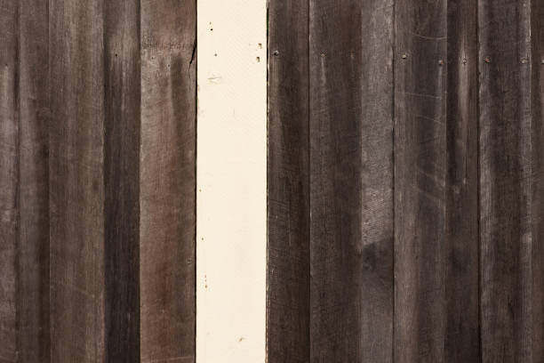 istock Old wooden fence with one light colored panel 1338404726
