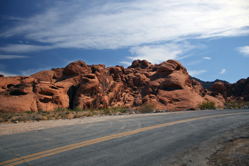 Red rock formations of the scenic desert landscape located in the Valley Of Fire State Park, Nevada, USA.