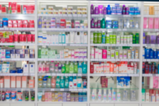 Blurred cosmetic healthcare product shelves