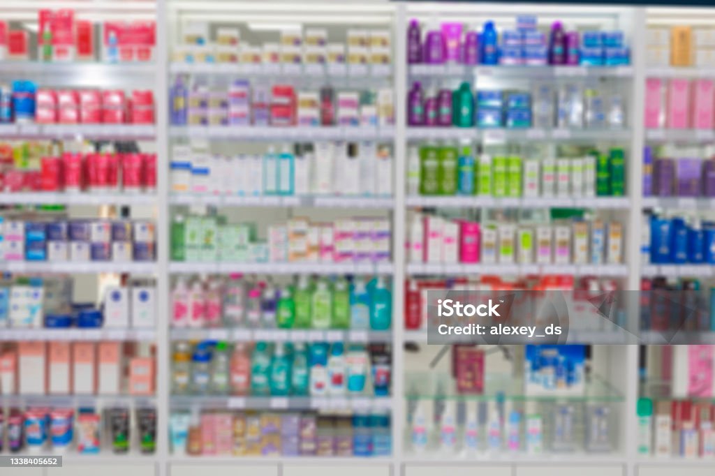 Сosmetic healthcare product shelves Blurred cosmetic healthcare product shelves Aisle Stock Photo