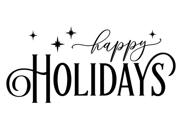 Vector festive poster Happy Holidays with stars isolated on white background. Cute typography poster, quote for Xmas greetings cards, door sign, home decoration, Merry Christmas, invitation. Vector festive poster Happy Holidays with stars isolated on white background for Xmas greetings cards, door sign, home decoration, Merry Christmas, invitation. text stock illustrations