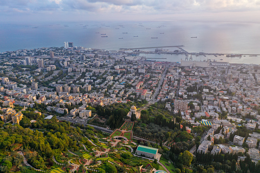 Bahai temple and gardens and Downtown Haifa at sunrise, Aerial image