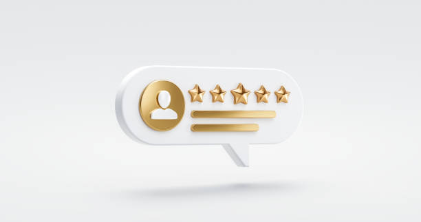 istock Five gold star rate review customer experience quality service excellent feedback concept on best rating satisfaction background with flat design ranking icon symbol. 3D rendering. 1338411764