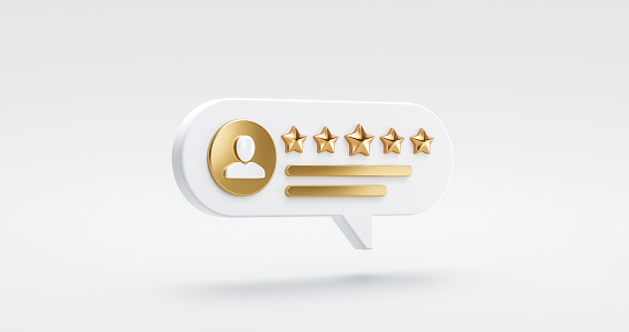 Five gold star rate review customer experience quality service excellent feedback concept on best rating satisfaction background with flat design ranking icon symbol. 3D rendering.