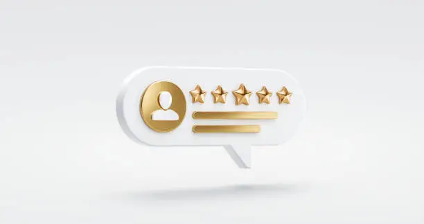 Photo of Five gold star rate review customer experience quality service excellent feedback concept on best rating satisfaction background with flat design ranking icon symbol. 3D rendering.