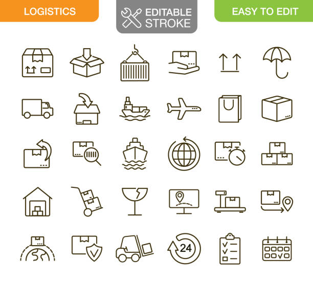 ilustrações de stock, clip art, desenhos animados e ícones de logistics icons set editable stroke - export