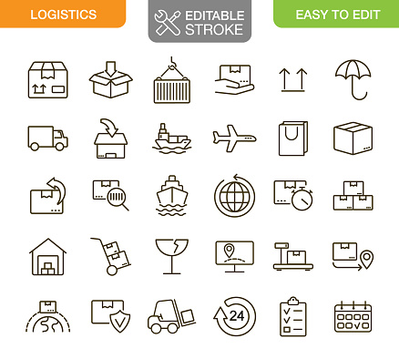 Logistics icons set. Editable stroke. Vector illustration.