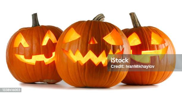 Three Halloween Pumpkins On White Stock Photo - Download Image Now - Halloween, White Background, Jack O' Lantern