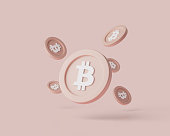 Cryptocurrency Bitcoins levitate on pastel background. 3d render illustration with soft lights.