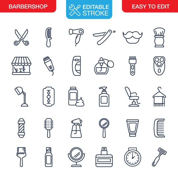 ilustrações, clipart, desenhos animados e ícones de ícones da barbearia definem traçado editável - computer icon symbol hair gel hair salon