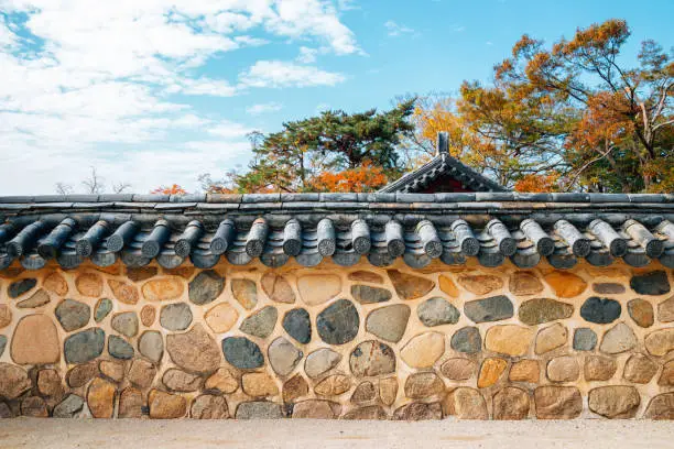 Bulguksa temple stone wall at autumn in Gyeongju, Korea