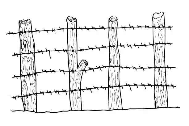 Vector illustration of Vector hand draw sketch of Barbed wire and tree gate