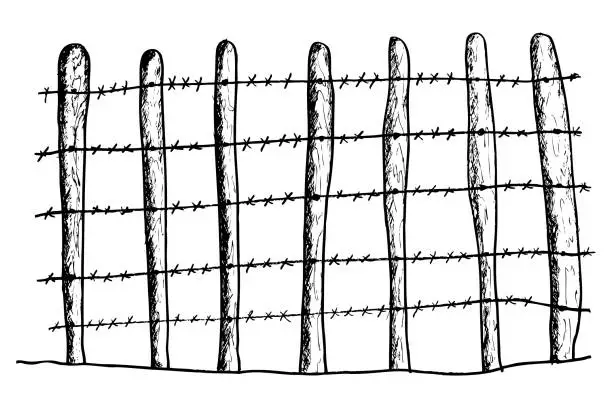 Vector illustration of Vector hand draw sketch of Barbed wire and tree gate