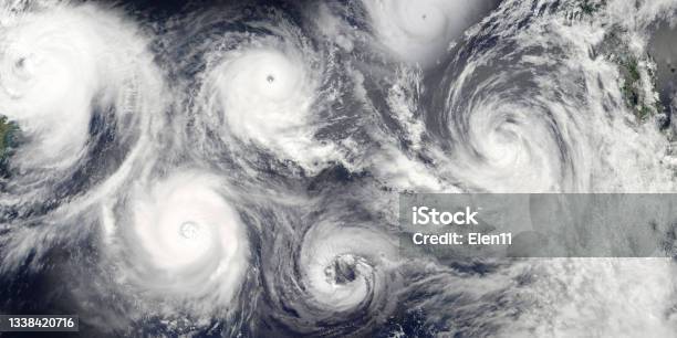 Hurricane Season Collage Of A Riot Of Hurricanes Due To Catastrophic Climate Change Satellite View Elements Of This Image Furnished By Nasa Stock Photo - Download Image Now
