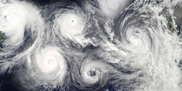 hurricane season. collage of a riot of hurricanes due to catastrophic climate change. satellite view. elements of this image furnished by nasa. - the eye of the storm thunderstorm storm cloud imagens e fotografias de stock