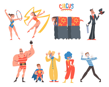 Circus Artist Character with Clown, Illusionist and Gymnast with Ribbon and Hula Hoop Performing on Stage or Arena Vector Set
