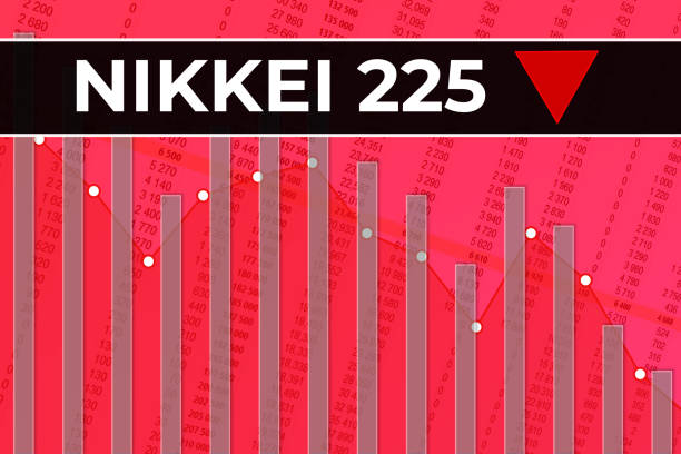 Japan financial market index Nikkei 225 (ticker N225) on red finance background from numbers, graphs, lines. Trend Down, Flat. 3D illustration Japan financial market index Nikkei 225 (ticker N225) on red finance background from numbers, graphs, lines. Trend Down, Flat. 3D illustration. Stock market concept nikkei index stock illustrations