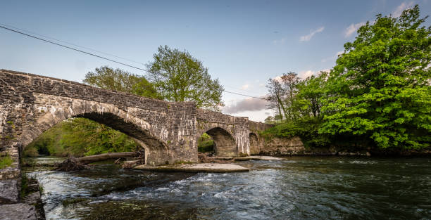 istock Flow of a river under the Abergorlech arched stone bridge surrounded by trees 1338423373