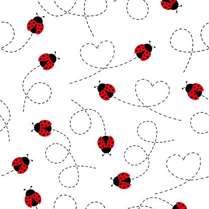 Cute ladybug icon set seamless pattern. Ladybugs flying on dotted route. Cartoon ladybirds with open wings. Vector isolated on white background.